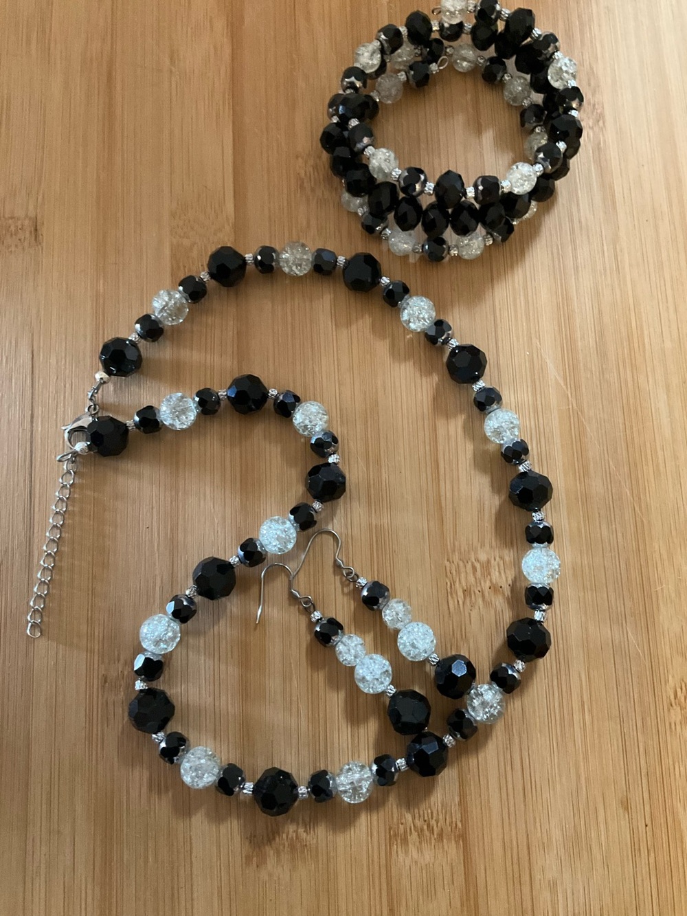 Hand Crafted Black and Clear Beaded Necklace, Bracelet & Earrings Set